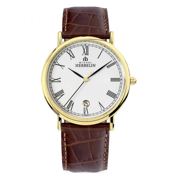 Michel Herbelin mens Classique watch with yellow gold PVD case and brown leather strap model 12248-P01MA