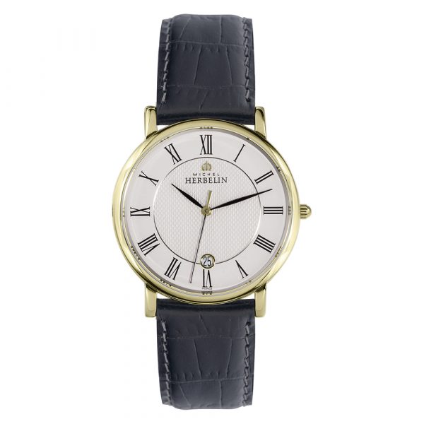 Michel Herbelin mens Classique watch with yellow gold PVD case and black leather strap model 12248-P08