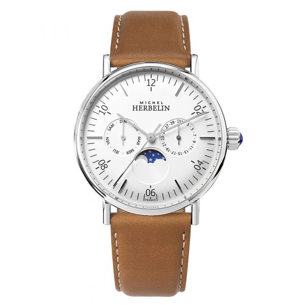 Michel Herbelin mens Inspiration watch with stainless steel case and tan leather strap model 12747-AP11GO