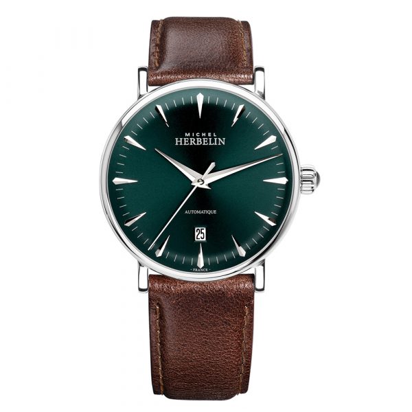 Michel Herbelin mens Inspiration automatic watch with stainless steel case and brown leather strap model 1647-AP16BR