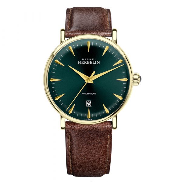 Michel Herbelin mens Inspiration automatic watch with yellow gold PVD case and brown leather strap model 1647-P16BR
