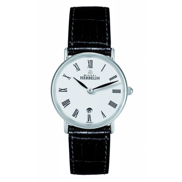 Michel Herbelin womens Classique watch with stainless steel case and black leather strap model 16845-S01