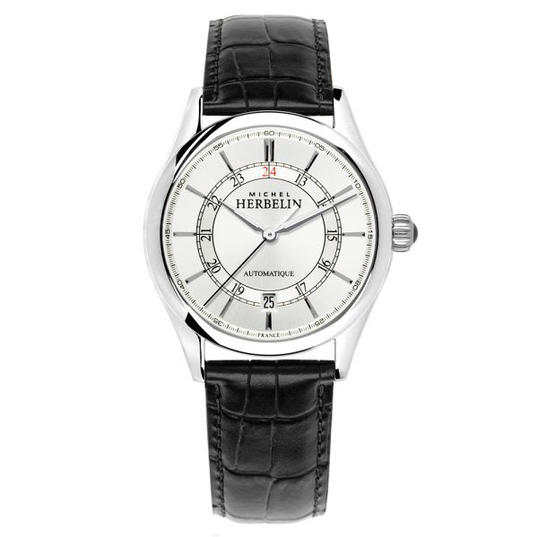Michel Herbelin mens Classiques watch with stainless steel case and black leather strap model 1661-12