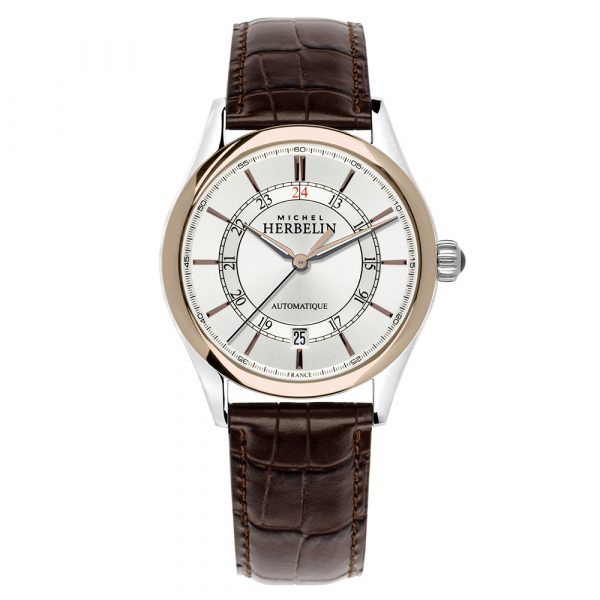 Michel Herbelin mens Classiques watch with stainless steel and rose gold PVD case and brown leather strap model 1661-TR12MA