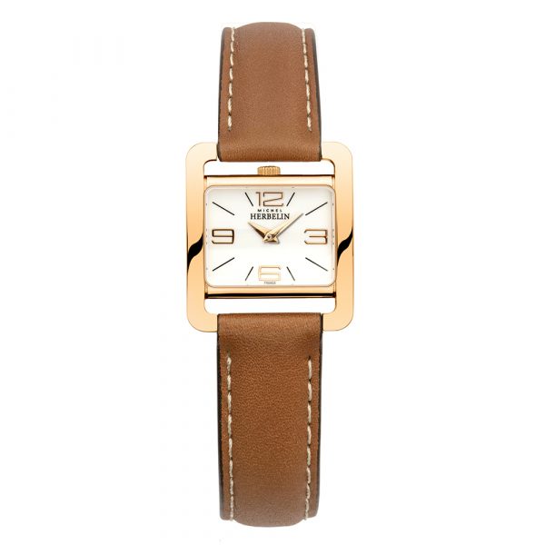 Michel Herbelin womens Fifth Avenue watch with rose gold PVD case and tan leather strap model 17137-PR11GO