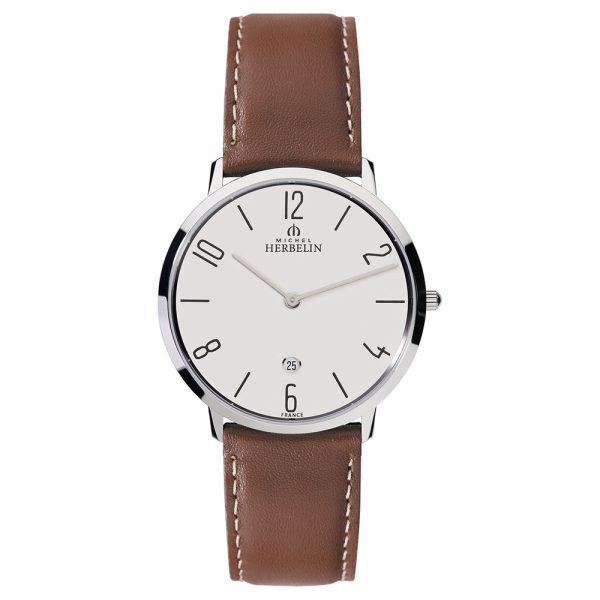 Michel Herbelin mens City watch with stainless steel case and tan leather strap model 19515-21GO