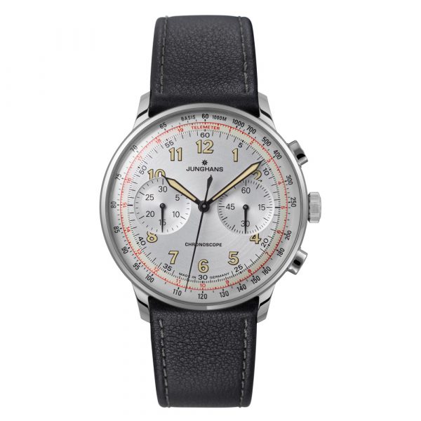 Junghans mens Meister Telemeter watch with stainless steel case and black leather strap model 027-3380.00
