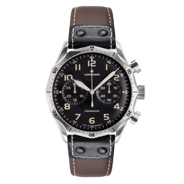 Junghans mens Meister Pilot watch with stainless steel case and black leather strap model 027-3591.00