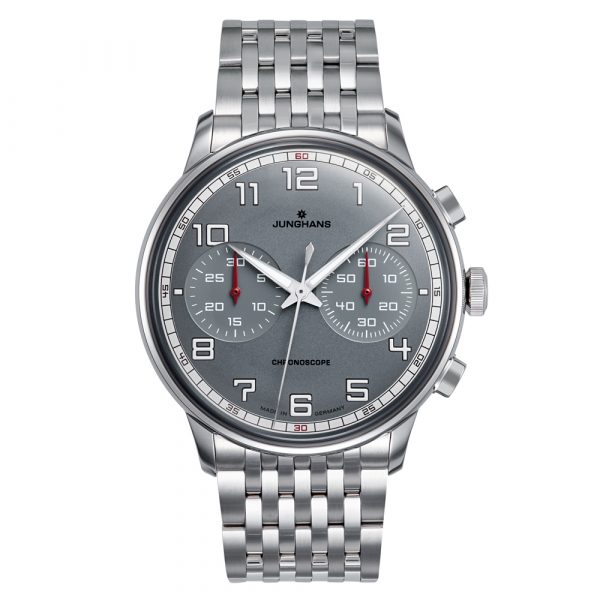 Junghans mens Meister Driver Chronoscope watch with stainless steel case and bracelet model 027-3686.44