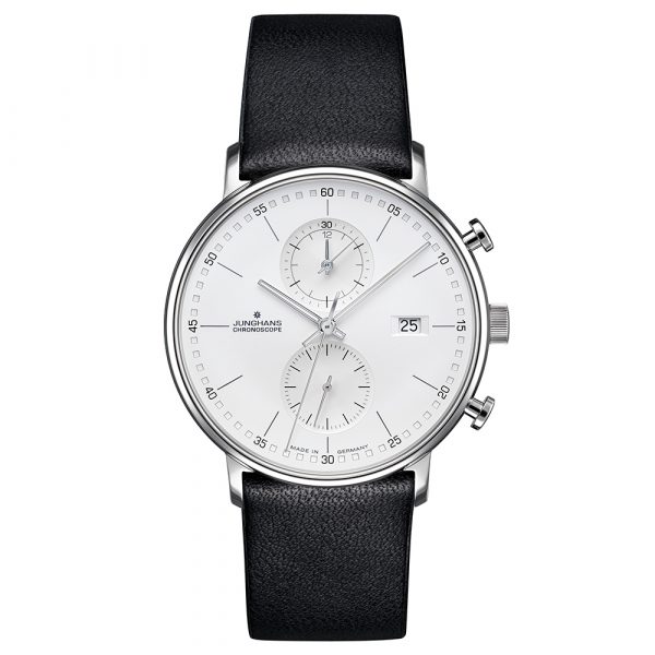 Junghans mens Form C Chronoscope watch with stainless steel case and black leather strap model 041-4770.00