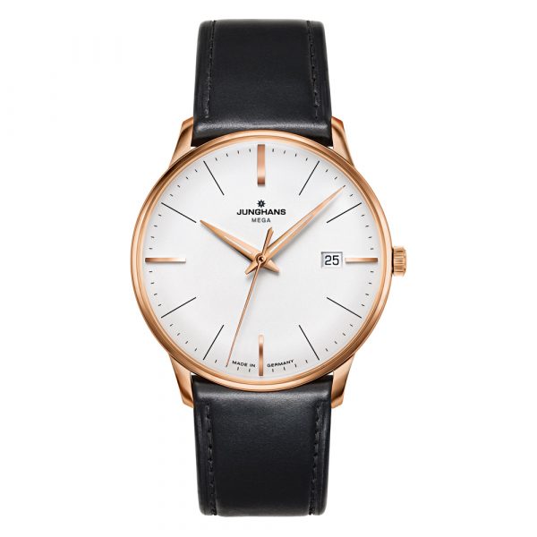 Junghans mens Meister Mega watch with rose gold case and black leather strap model 058-7800.00