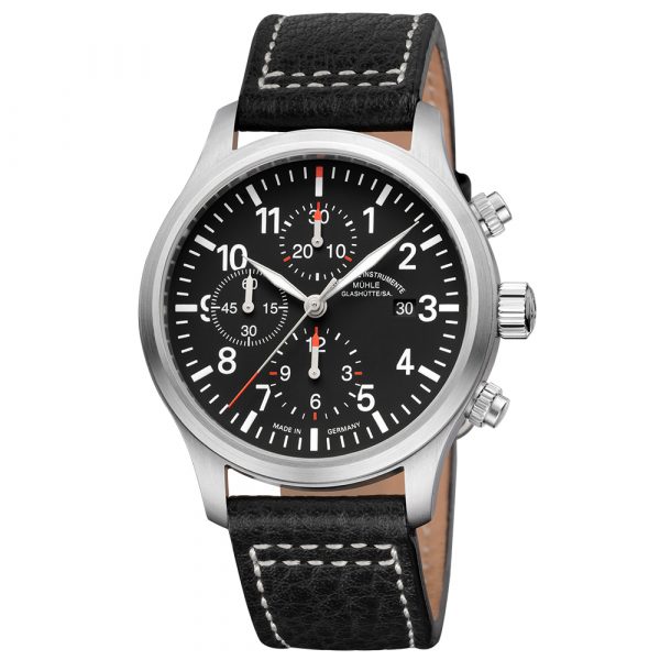Mühle Glashütte men’s Terrasport I Chronograph Pilot watch with stainless steel case and black leather strap model M1-37-74-LB