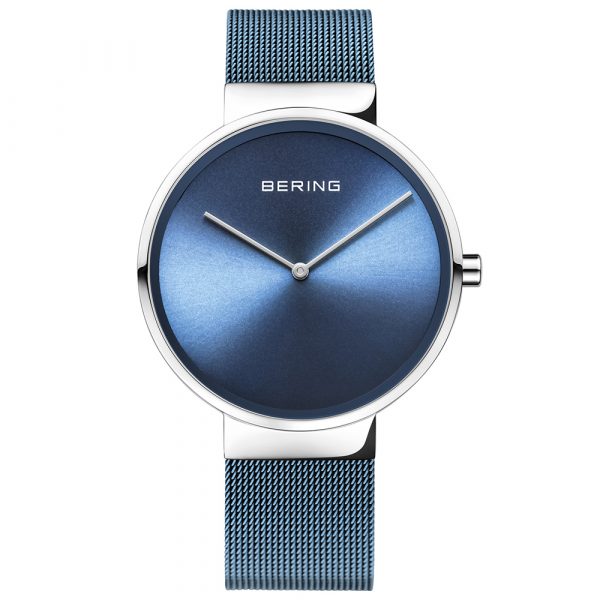 Bering Classic 39mm case watch with stainless steel and turquoise blue IP Milanese bracelet model 14539-308