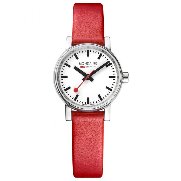 Mondaine evo2 Petite stainless steel watch with 26mm case and red leather model MSE.26110.LC