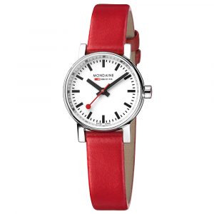 Mondaine evo2 Petite stainless steel watch with 26mm case and red leather model MSE.26110.LC