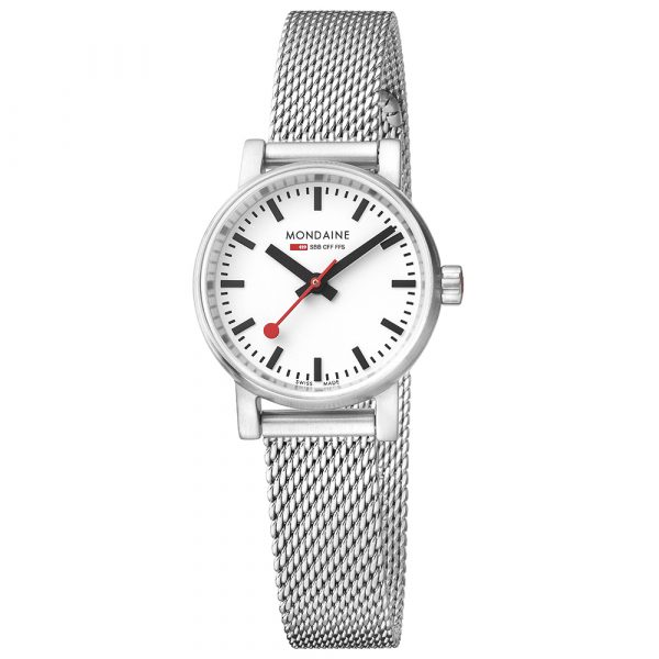Mondaine evo2 Petite stainless steel watch with 26mm case and Milanese bracelet model MSE.26110.SM