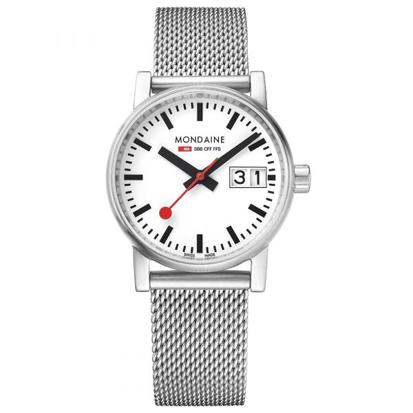 Mondaine evo2 Big Date stainless steel watch with 30mm case and Milanese bracelet model MSE.30210.SM