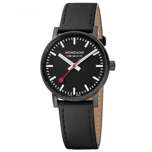 Mondaine evo2 black IP stainless steel case35mm case watch with black leather strap model MSE.35121.LB