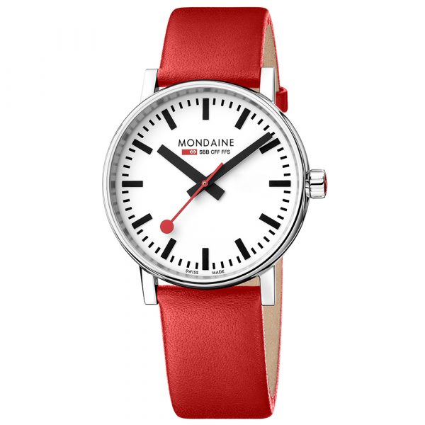 Mondaine evo2 big stainless steel watch with 40mm case and red leather strap model MSE.40110.LC