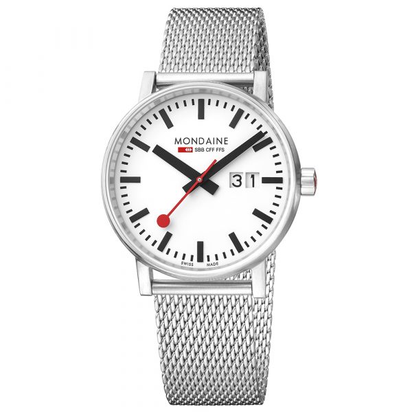 Mondaine evo2 Big Date stainless steel watch with 40mm case and Milanese bracelet model MSE.40210.SM