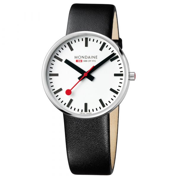 Mondaine Giant Backlight stainless steel watch with 42mm stainless steel case and black leather strap model MSX.4211B.LB