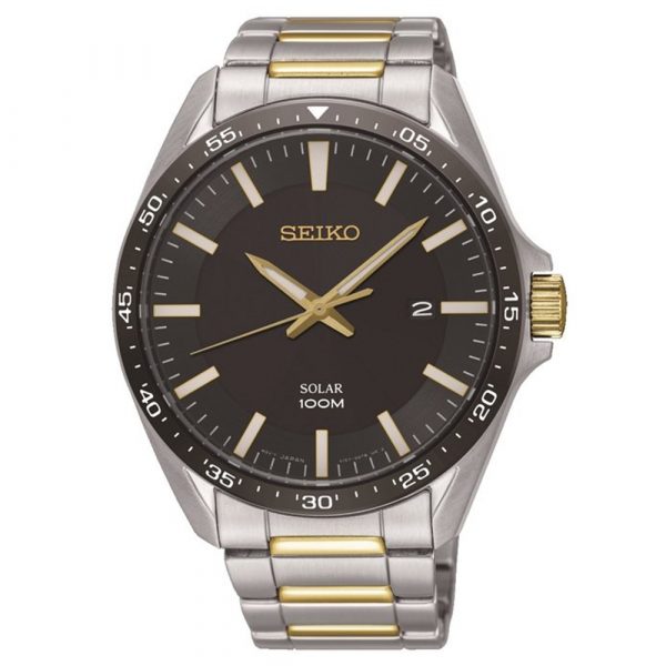 Seiko Solar stainless steel and yellow gold PVD mens bracelet watch model SNE485P1