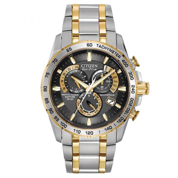 Citizen Eco-Drive Perpetual Chronograph A-T men's watch with yellow gold tone and stainless steel case and bracelet model AT4004-52E