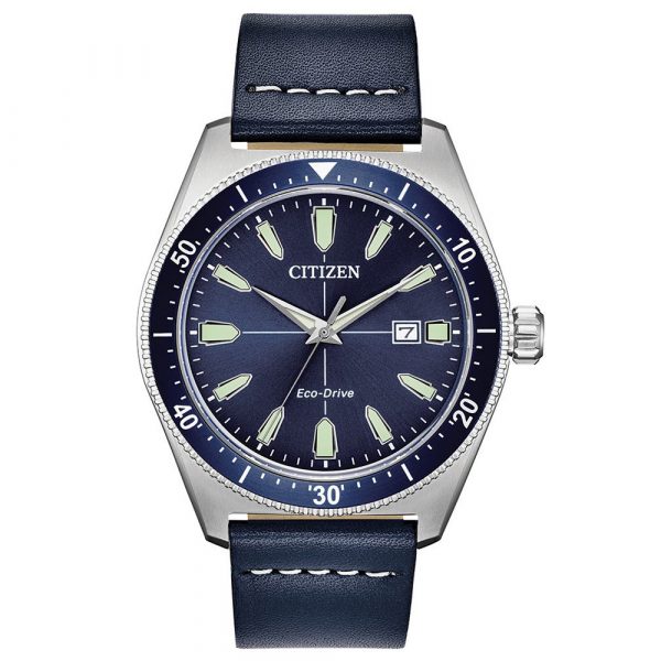 Citizen Sport Eco-Drive men's watch with stainless steel case and blue leather strap model AW1591-01L