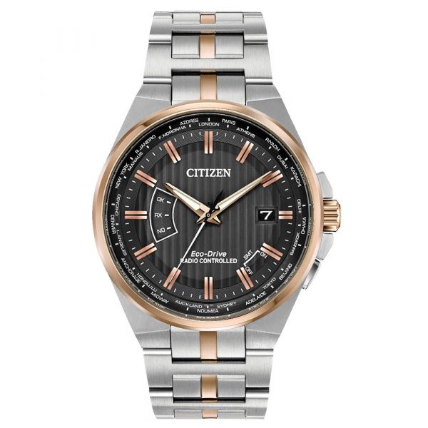 Citizen World Time Perpetual A-T radio controlled men's watch with rose gold tone and stainless steel case and bracelet model CB0166-54H