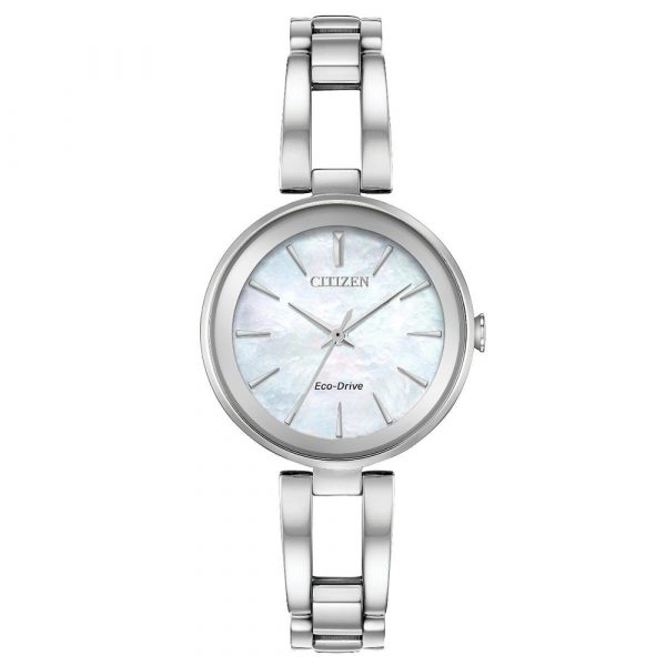 Citizen Silhouette Eco-Drive women's watch with stainless steel link bracelet and case with mother of pearl dial model EM0630-51D