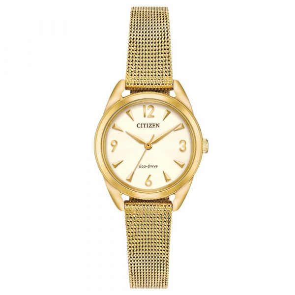 Citizen Mini Eco-Drive women's yellow gold tone case and mesh bracelet watch model EM0682-58P
