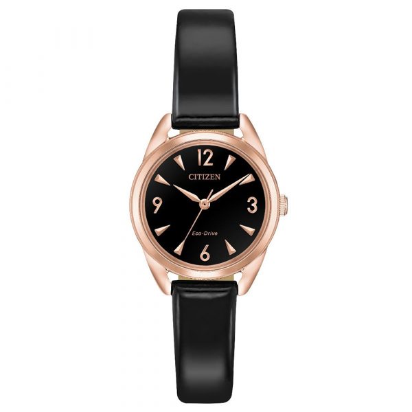 Citizen Mini Eco-Drive women's watch with rose gold tone case and black vegan leather strap model EM0688-01E