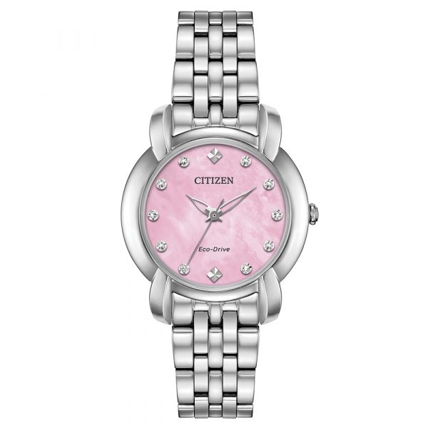 Citizen Jolie women's Eco-Drive watch with diamond set, pink mother of pearl dial and stainless steel case and link bracelet model EM0710-54Y