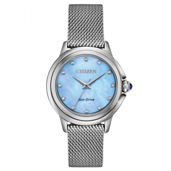 Citizen Ceci women's Eco-Drive watch with diamond set, blue mother of pearl dial and stainless steel case and mesh bracelet model EM0790-55N