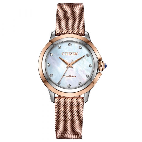 Citizen Ceci women's Eco-Drive watch with diamond set mother of pearl dial and rose gold PVD case and mesh bracelet model EM0796-75D