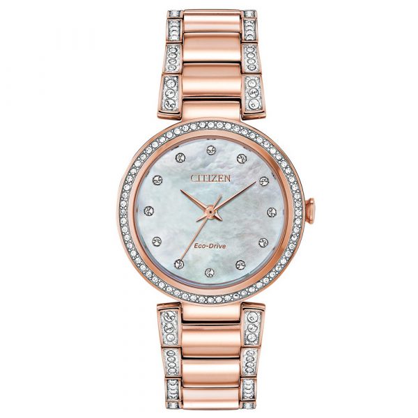 Citizen Silhouette Crystal Eco-Drive women's watch with rose gold tone case and link bracelet model EM0843-51D