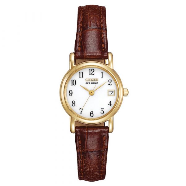 Citizen Eco-Drive Easy Read women's watch with yellow gold tone case and brown leather strap model EW1272-01A