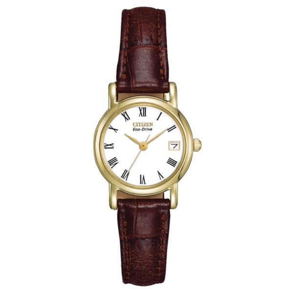 Citizen Eco-Drive women's watch with yellow gold tone case and brown leather strap model EW1272-01B