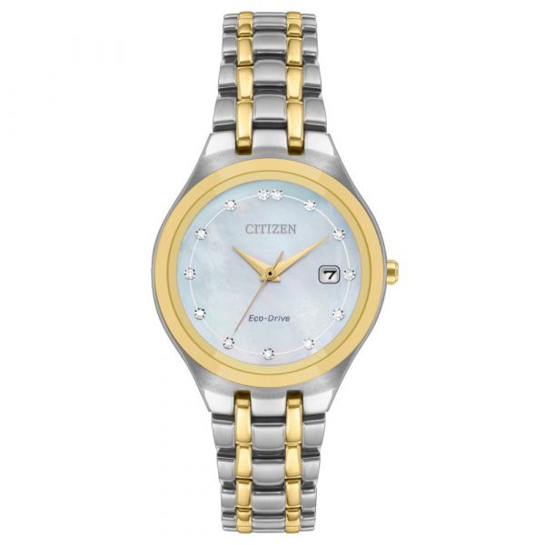Citizen Silhouette Eco-Drive women's watch with diamond set mother of pearl dial with yellow gold tone and stainless steel case and bracelet model EW2488-57D