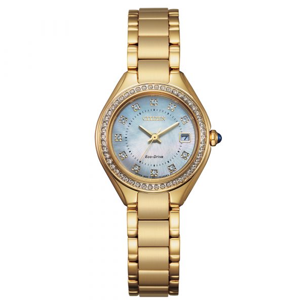 Citizen Silhouette women's crystal set watch with yellow gold tone case and link bracelet model EW2552-50D