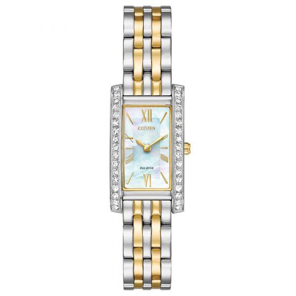 Citizen Eco-Drive Crystal Swarovski women's watch with yellow gold tone and stainless steel case and bracelet model EX1474-85D
