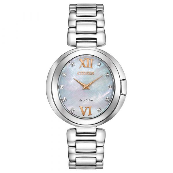 Citizen Capella Eco-Drive womens watch with diamond set mother of pearl dial and stainless steel case and bracelet model EX1510-59D