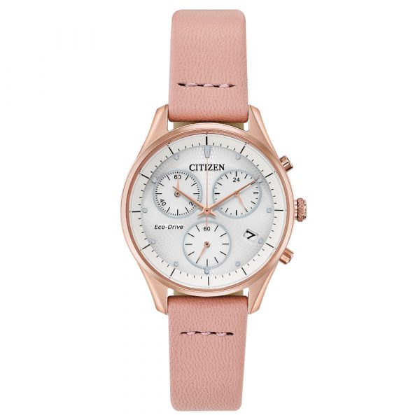 Citizen Silhouette Eco-Drive chronograph women's watch in rose gold tone with pink leather strap model FB1443-08A