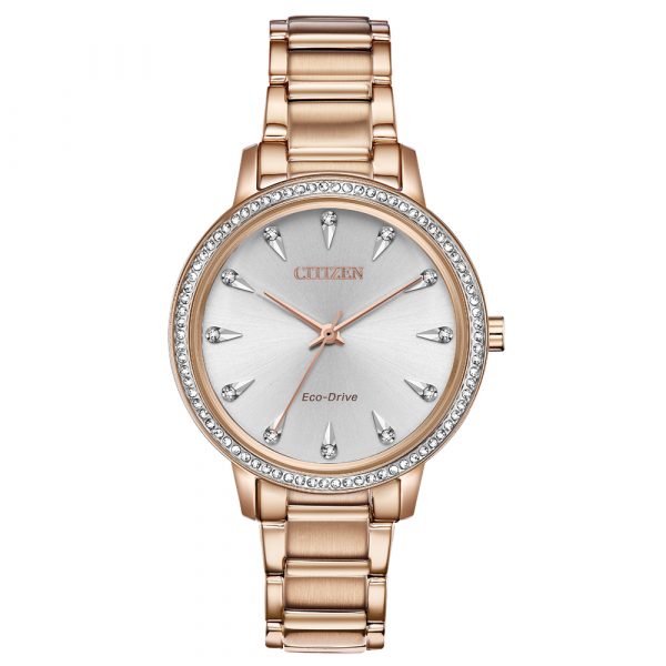 Citizen Silhouette Crystal Eco-Drive women's watch with rose gold tone case and bracelet model FE7043-55A