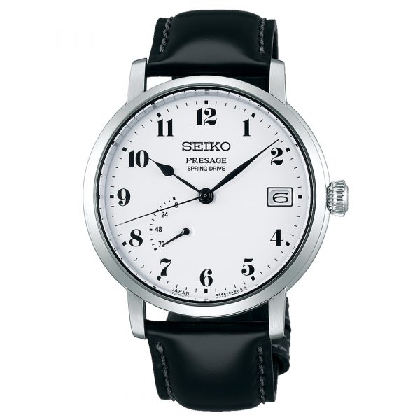 Seiko men's Presage Spring Drive watch with stainless steel case and black leather strap model SJE037J1