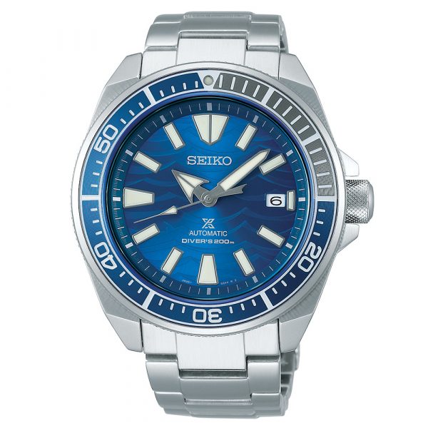 Seiko men's Prospex 'Save the Ocean' Samurai Special Edition automatic diver's watch with stainless steel case and bracelet model SRPD23K1
