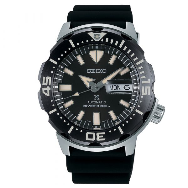 Seiko men's Prospex Monster automatic diver's watch with stainless steel case and black silicone strap model SRPD27K1