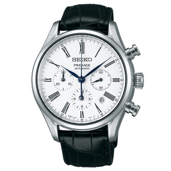 Seiko men's Presage automatic chronograph watch with stainless steel case and black leather strap model SRQ023J1