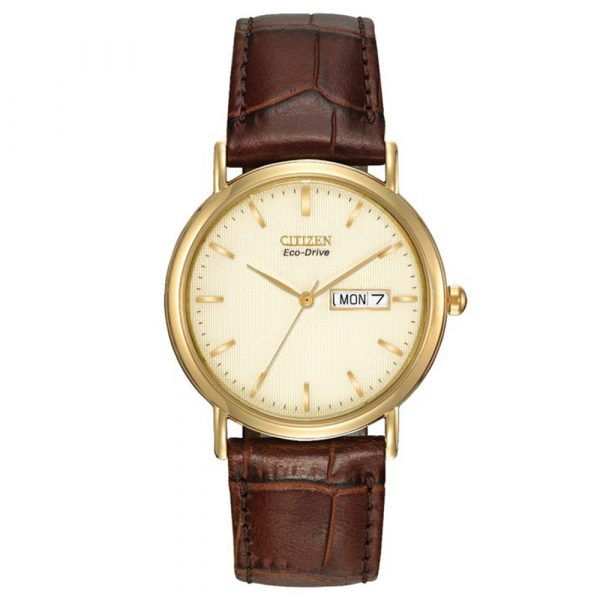 Citizen Classic Eco-Drive men's yellow gold tone watch with champagne dial and brown leather strap model BM8242-08P