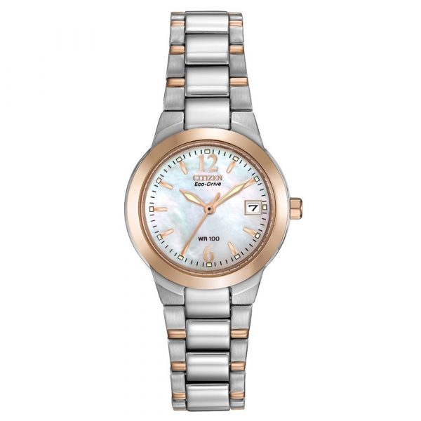 Citizen Silhouette Eco-Drive women's watch with rose gold tone and stainless steel case and bracelet model EW1676-52D